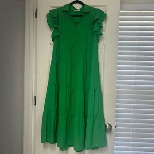 Umgee Tiered Midi Dress with Ruffled Sleeves in Kelly Green